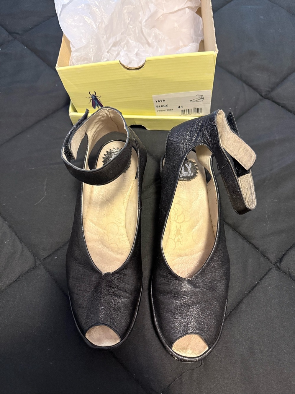 Fly London Women’s Black Leather Platform Slip-On Wedges size 10